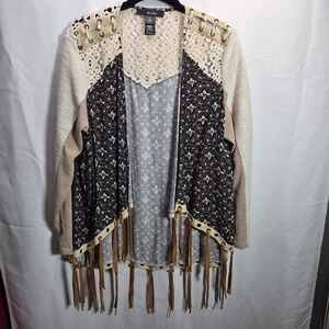 Ali Miles Fringe Open Front Boho Waterfall Crochet Cardigan Hippie Sweater Large